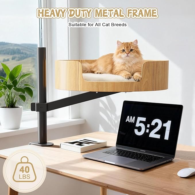 Cat Desk Bed for Indoor Cats, 360° Rotating & Adjustable Cat Bed for Desk, Heavy-Duty Metal Desk Cat Bed with Secure Clamp, Space-Saving Desk Cat Bed for Office Desk & Gaming Table,Detachable.