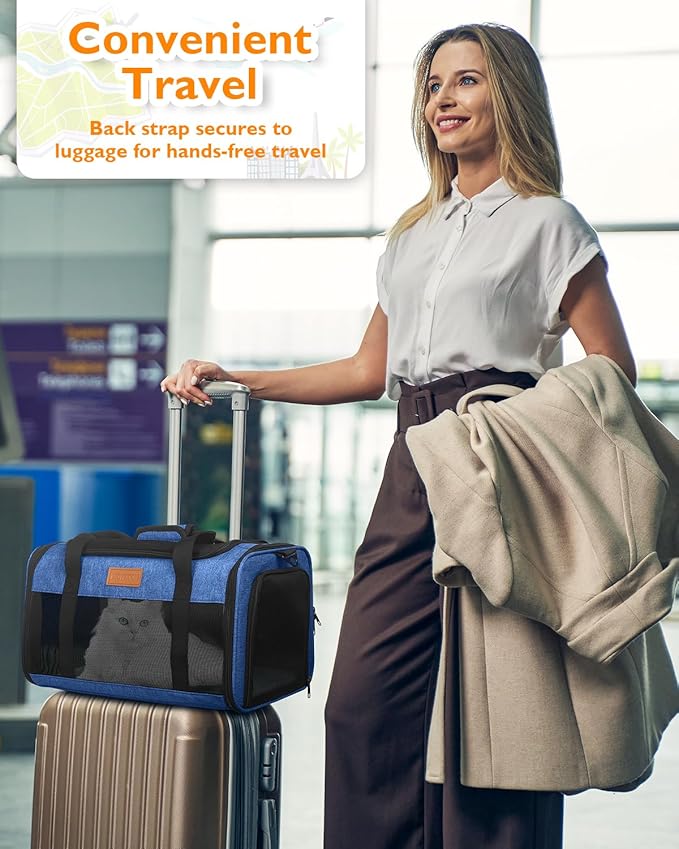 PETUX Airline Approved Pet Carrier - 17x11x9.5 in, Underseat, Top & Side Entry, Soft Sided Cat Carrier for Small Cat Up to 12 lbs with Breathable Anti-Scratch Mesh for Travel & Vet - Blue
