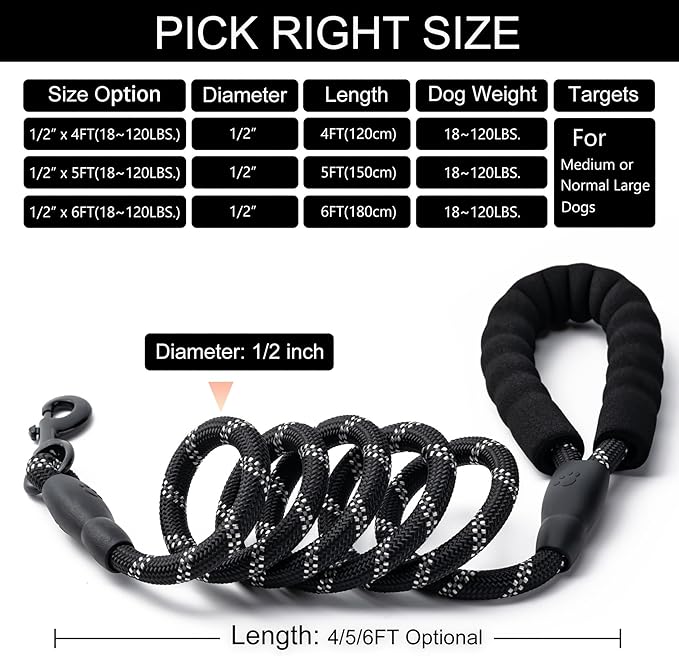 2 Pack Dog Leash, 4/5//6 FT Heavy Duty Nylon Rope Pet Leashes with Comfortable Padded Handle, Reflective Dog Leashes for Small Medium and Large Dogs (4FT-1/2,Black/Orange)