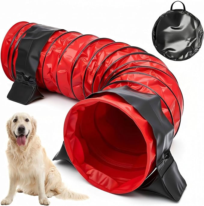 Briwooody 24 in 10 Foot PVC Dog Agility Tunnel with Sandbags Dogs Agility Training Equipment Tunnel with 2 Pack Sandbags, Carry Bag and 4 Ground Spikes for All Medium Large Dogs(Red)