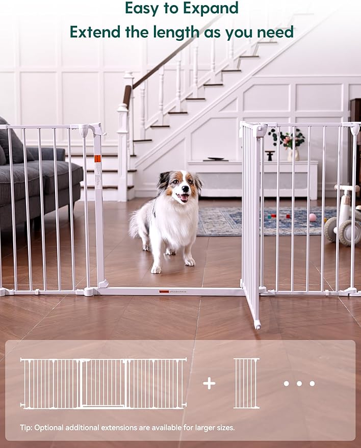 Babelio 104" Extra Wide Baby Gate, 30” Tall Auto Close Dog Fence for Stairs Doorways Fireplace, Hardware Mounted Pet Gate Indoor, Foldable 5 Metal Panels, AdaptiZone Series, White
