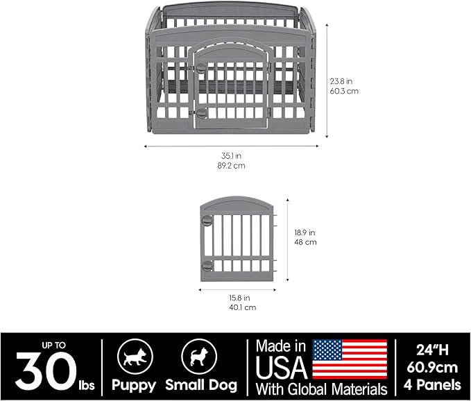 IRIS USA 24" Dog Playpen 4-Panel Pet Exercise Pen with Door Gate 35 x 35 x 24 Puppy Play Pen Indoor Outdoor Plastic Foldable Portable Pet Fence for Small Medium Dogs Puppies Multiple Pets Gray