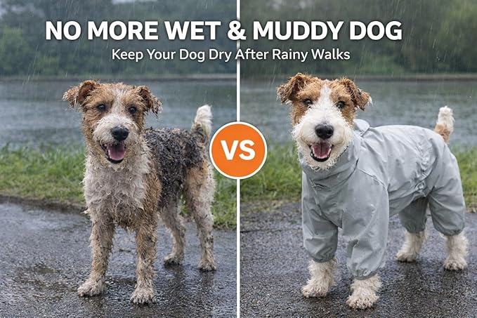 Dog Raincoat with Full Leg Coverage, Waterproof & Lightweight Rain Jacket for Small Dogs, Keep Belly & Legs Dry, Harness Compatible, Reflective Safety, with Storage Bag (Small)
