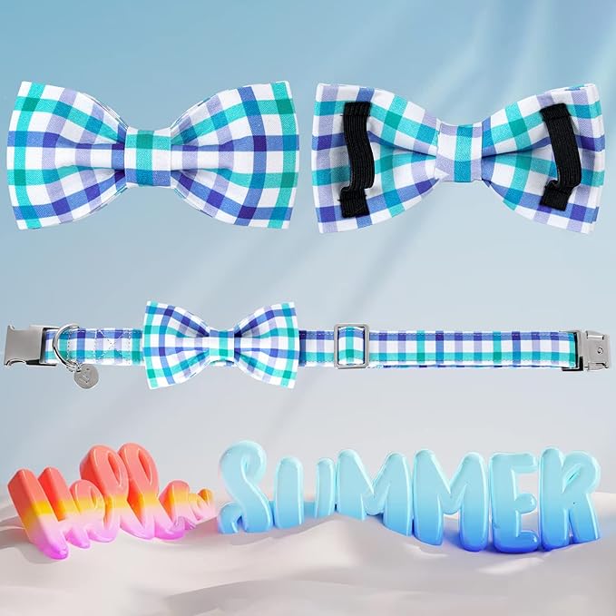 Dog Collar Bow Tie, Comfortable Durable Cotton Bowtie Collar for X-Large Girl Boy Dog, Adorable Dog Collar with Metal Buckle, Blue Grid Gift Collar, XL
