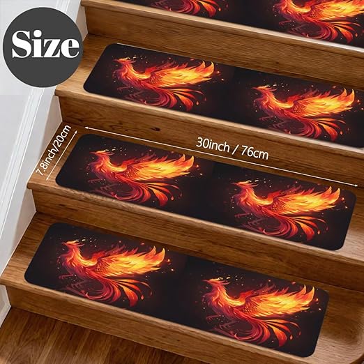 Animal Abstract Fire Stair Treads for Wooden Steps Indoor Washable Staircase Carpet 10PCS 30"x7.8" Stair Step Treads Non-Slip Staircase Covers Peel and Stick Safety Mat for Kids Elders Pets