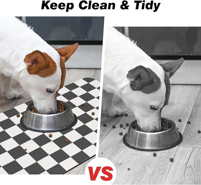 CooRug Checkered Dog Food Mat, Absorbent Leak-Proof Pet Feeding Mat, Quick Dry Cat Food Mat for Messy Drinkers 16" x 24" Black