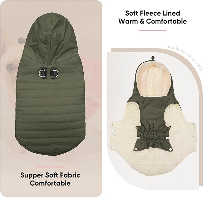 Vecomfy Fleece Lining Dog Hoodie with Harness Built in,Extra Warm Small Dog Jacket in Winter Puppy Coats with Drawstring Hooded,Green XS