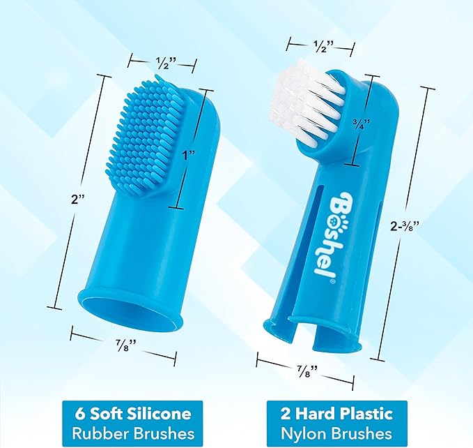 Boshel Dog Finger Toothbrush, Deep Teeth Cleaning Tooth Brushing Kit, Blue for Small and Large Breeds, Silicone & Nylon Soft Bristles, 8 Pack