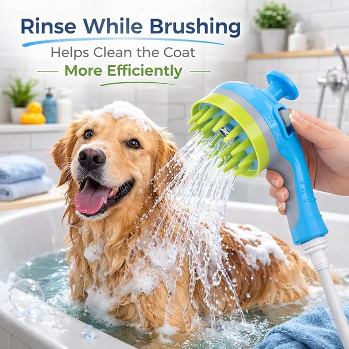 Pet Bathing Sprayer with Soft TPR Massage Brush, Dog Shower Sprayer Attachment with On/Off Switch, Handheld Pet Bath Shower Head with 78.7" Hose, Diverter Valve and Adapters for Dogs and Cats (Blue)