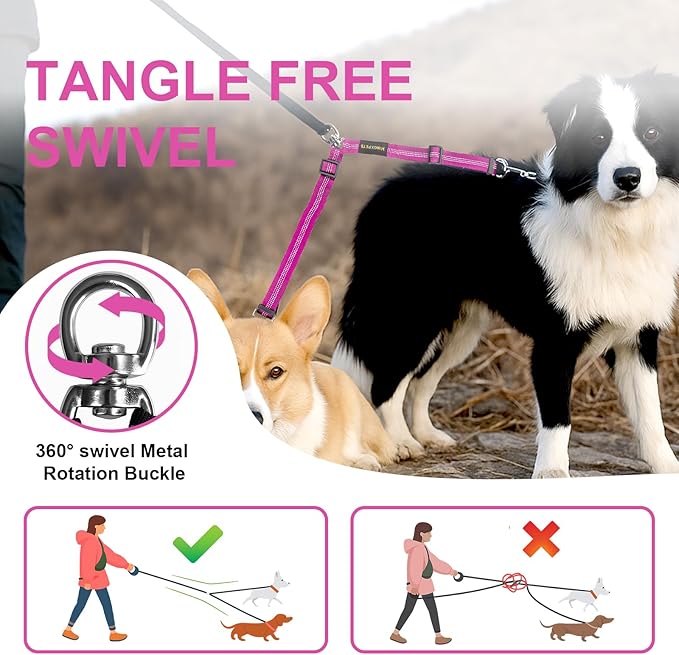 MingXpet Double Dog Leash for Two Dogs, No Pull Dog Leash, 360° Swivel No Tangle for Large Dogs Walking & Training, Shock Absorbing Reflective Bungee, Rose