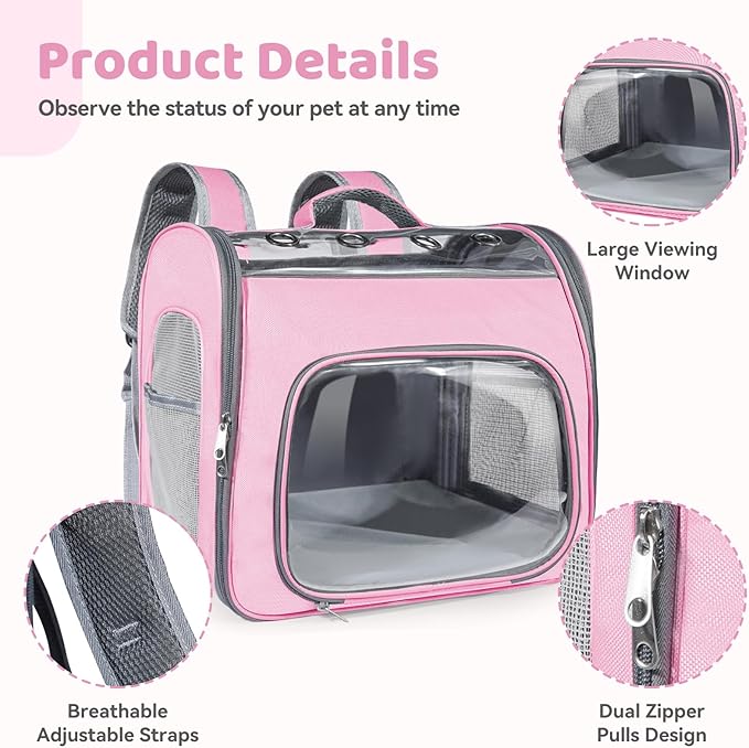 Cat Soft-Sided Carrier Backpack, Breathable Mesh Foldable Pet Travel Carrier with Reinforced Support, Portable Puppy Carrying for Kitty Up to 15lbs (Pink)