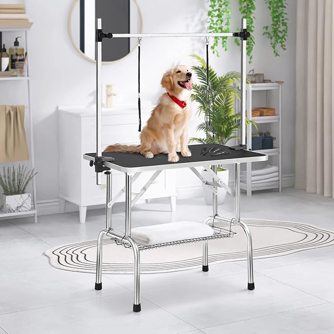 46 Inch Professional Adjustable Pet Grooming Table Heavy Duty with Arm Noose & Mesh Tray for Dog Cat Shower Table Maximum Capacity Up to 265Lb, Black