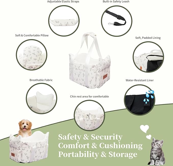 Center Console Dog Car Seat for Small Dogs – Portable Puppy Booster Armrest Carseat, Anti-Collapse Comfort Travel with Washable Fluffy Cushion & Pillow, Fits Dogs up to 15 lbs (Off White)