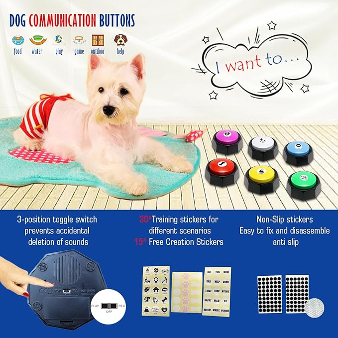 Recordable Buttons, Dog Training and Communication Buttons, Pack of 6, 30 Seconds Recording, 30 Scene 15 Custom Stickers, 6 Pairs Non-Slip Stickers, Sound Quality is Clearly (Batteries Included)