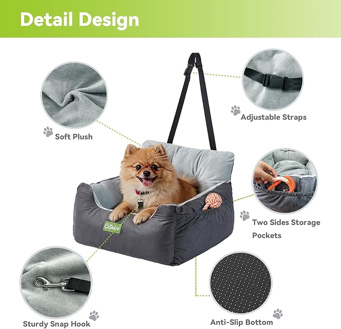 Dog Car Seat for Small Dogs up to 25lbs, Soft Comfy Pet Car Booster with Safety Belt & Pockets, Fully Washable Carseat Travel Dog Bed with Detachable Cushion