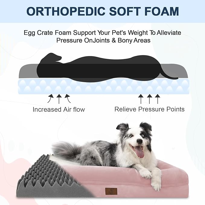 XL Orthopedic Dog Bed for Large Dogs, Washable Dog Bed with 4-Sides Removable Bolster, Waterproof Pet Sofa with Non-Slip Bottom for Extra Large Dogs, Pink