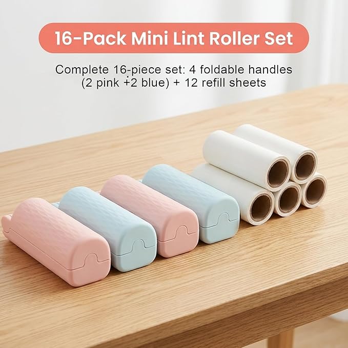 Foldable Travel Lint Roller Set, Washable Foldable Lint Remover, Portable Cleaning Roller with 4 Handles & 8 Refills, Reusable Pet Hair Remover for Clothes with Protective Cover