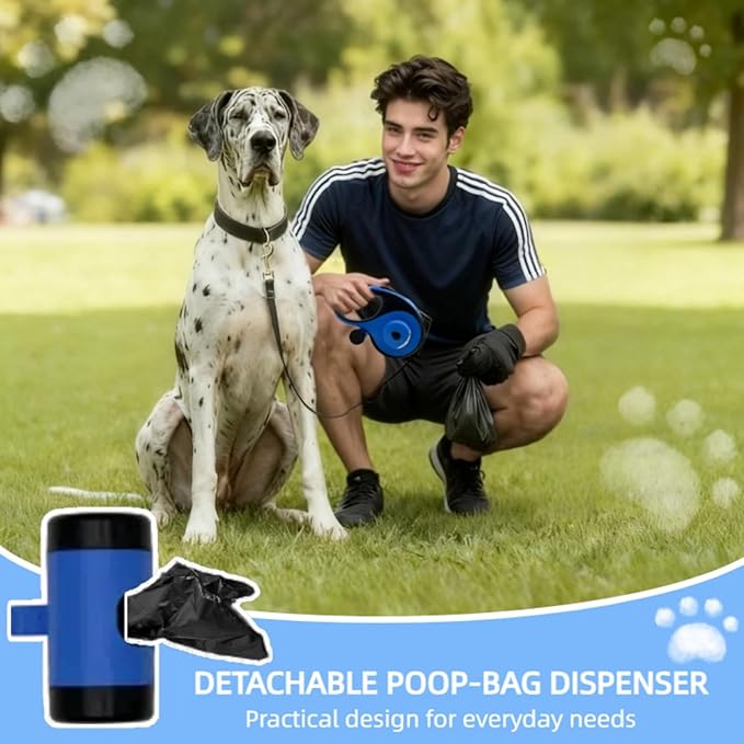 26ft Retractable Dog Leash for Large Dogs with Poop Bag Holder and LED Light,Heavy Duty Retractable Dog Leash with Chew Proof Extender,One-Hand Lock System,Impact-Resistant,Up to 110 lbs (Blue)