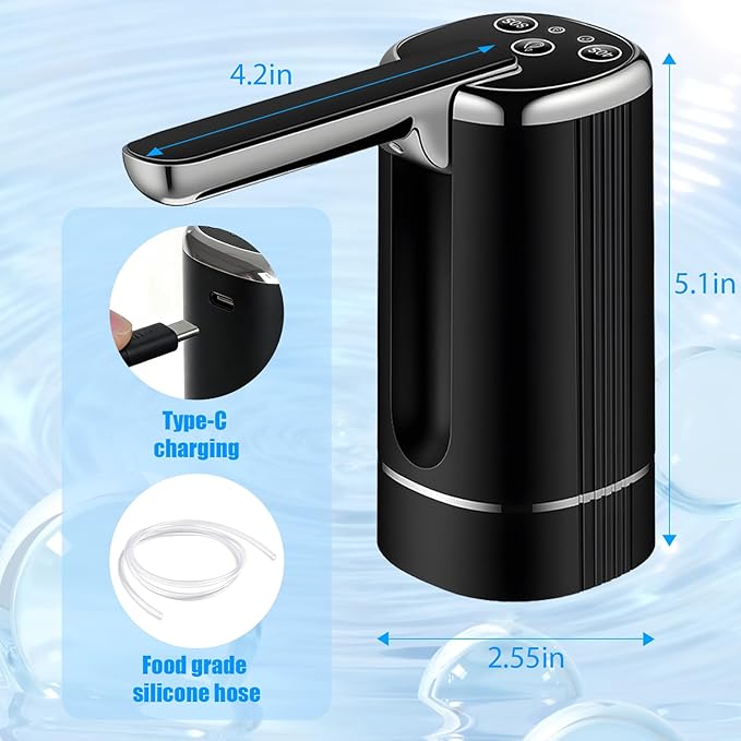Water Dispenser Pump for 2-5 Gallon Water Bottles, USB Type-C Rechargeable with 1200mAh Battery, Foldable Spout, One-Touch Control (40s/80s), Powerful Suction for Home, Office, Camping - Black