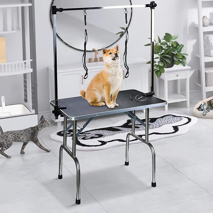 42 Inch Professional Adjustable Pet Grooming Table Heavy Duty with Arm Noose & Mesh Tray for Dog Cat Shower Table Maximum Capacity Up to 265Lb, Black
