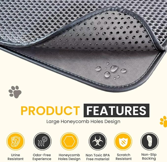 Andalus Brands Large Cat Litter Mat - Waterproof & Urine-Proof Litter Box Mat, Non-Slip Kitty Litter Mats for Floor, Easy to Clean Litter Trapping Design (30" x 24", Black)