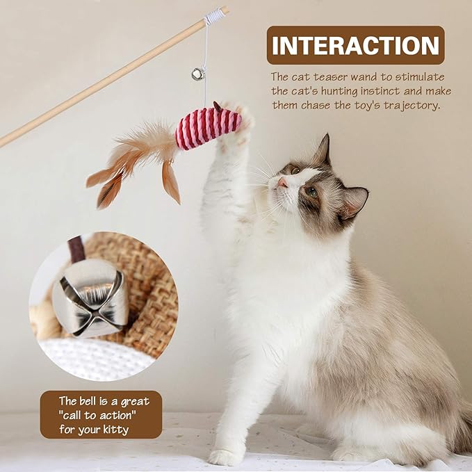 KABB Cat Toys for Indoor Cats, 3pcs 16 Inch Natural Wood Cat Teaser Wand Toy with Teaser Refills for Cat Kitten Having Fun Exerciser Playing, Bonus 5pcs Catnip Sticks for Cat Teeth Cleaning