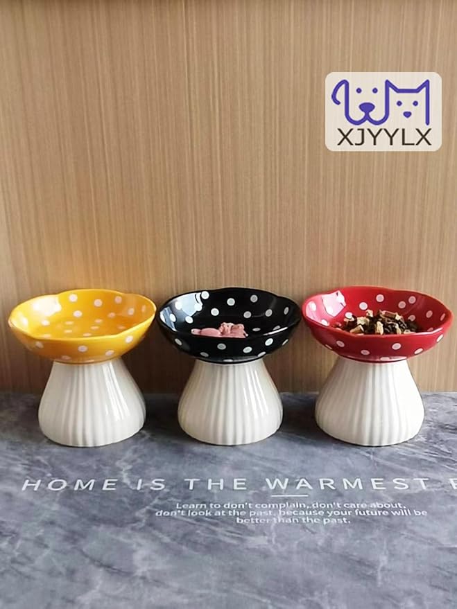 Mushroom Elevated Cat Bowls Ceramic, Raised Cat Bowl for Indoor Cats, Cute Cat Bowls Whisker Fatigue, Raised Dog Bowls Stand for Food and Water, Black 6" Wide for Adult Cats