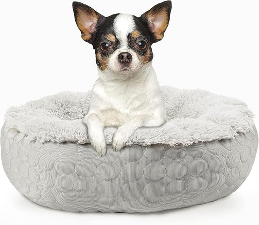 Hachikitty Dog Donut Round Calming Bed, Fluffy Bed for Medium Large Dogs, Double Sided with Warm & Cool Sides (24"x24"x7", Grey)