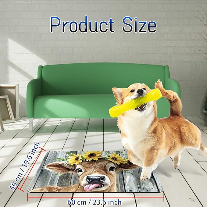 Dog Food Mat, 19.6" x 23.6" Absorbent Pet Feeding Mat for Food and Water, Waterproof Diatom Mud Pet Placemat with Non-Slip Rubber Backing, Cat Bowl Mat for Floors - Sunflower Yellow Cow