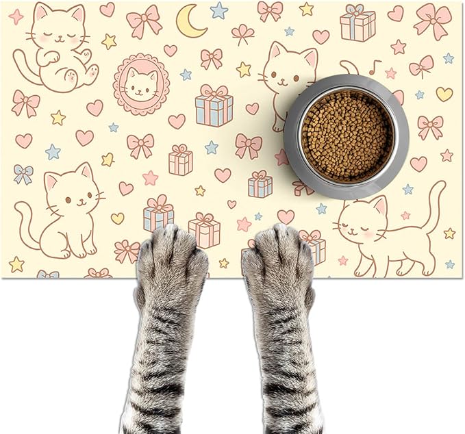 HOMETITUTE Cute Cat Pet Feeding Mat Adorable Kitten Food Placemat with Gift Bow and Star Print for Dogs and Cats Sweet Non Slip Mat for Dog Cat Food and Water Bowls Home Kitchen Decoration 20" x 12"