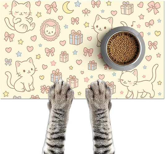 HOMETITUTE Cute Cat Pet Feeding Mat Adorable Kitten Food Placemat with Gift Bow and Star Print for Dogs and Cats Sweet Non Slip Mat for Dog Cat Food and Water Bowls Home Kitchen Decoration 20" x 12"