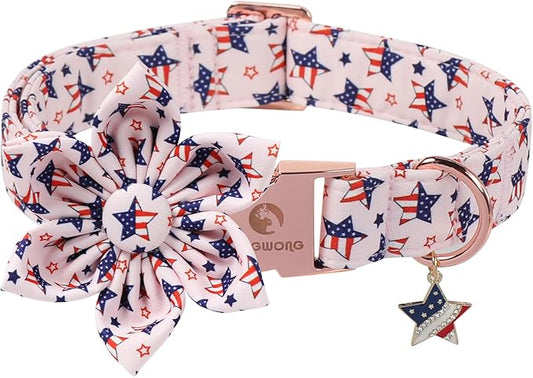 4th of July Independence Day Dog Collars with Flower, Pink Blue American Flag Star Dog Collar, DOGWONG Pink Girl American Flag Dog Collars for Small Dogs,XS