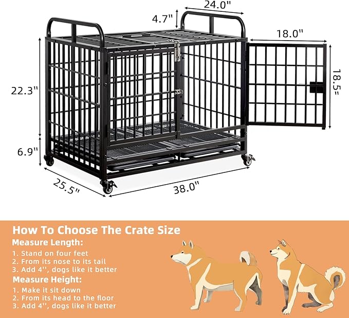 Lauren&Harold Heavy Duty Dog Crate for Medium/Small Dogs, Metal Dog Kennel Indoor with Top Door&Feed Door, Easy-to-Clean Dog Cage with Removable Tray&Wheels (38" L x25.5 W x 31" H(Small))