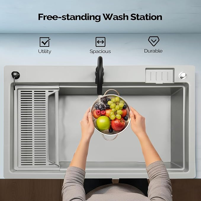 Bonnlo 37-Gallon Freestanding Utility Sink with Faucet, 36" Heightened Basin for Laundry, Garage, Outdoor Garden, Pet Wash, Heavy Duty Plastic Laundry Tub with Storage Shelf, 40"L×24"W×36"H (Gray)