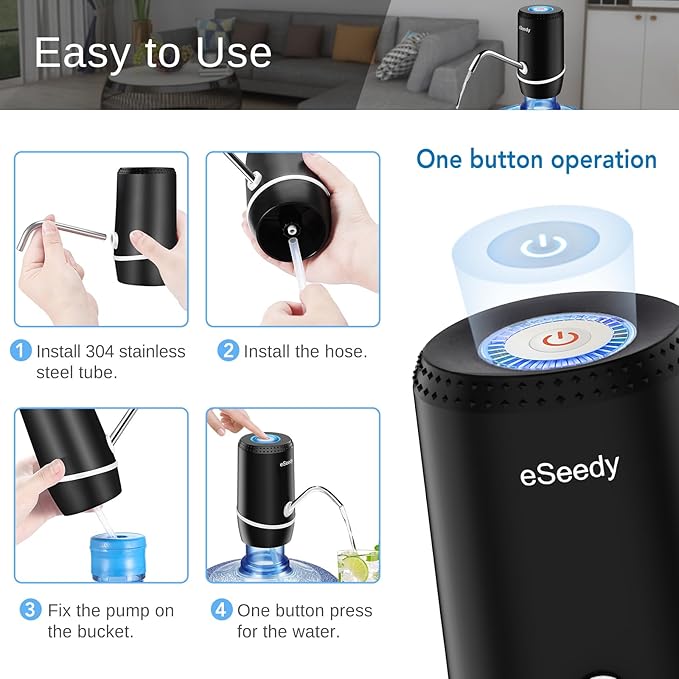 Water Pump for 5 Gallon Bottle, USB Charging Automatic Water Dispenser with Rechargeable Battery, Portable Electric Drinking Water Jug Pump for Home, Kitchen, Living Room, Office, Camping - Black