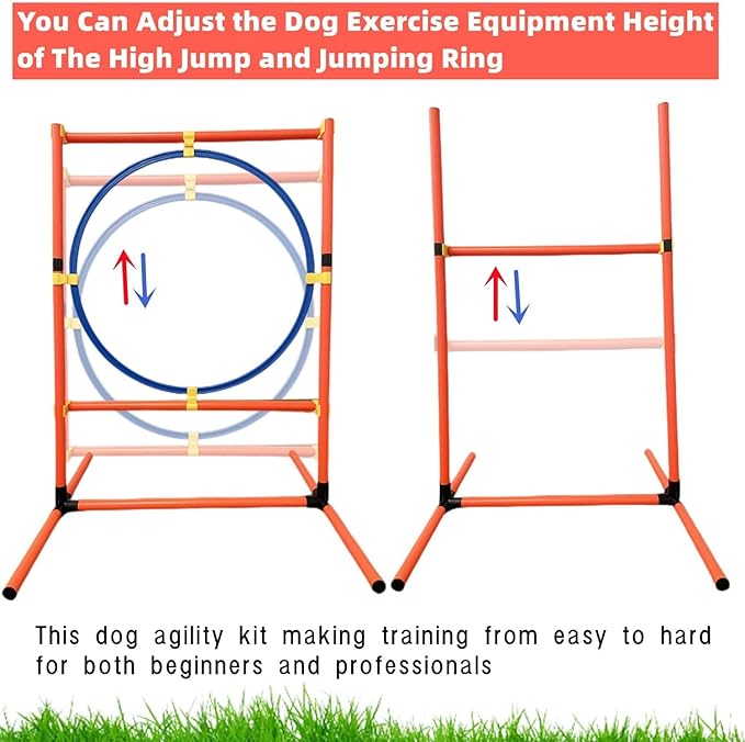 Dog Agility Training Equipment Set, Puppy Jump Training Obstacle Course Starter Kit Pet Agility Outdoor Games Dog Outdoor Games with Tunnel, Weave Poles, Adjustable Hurdle, Jump Ring