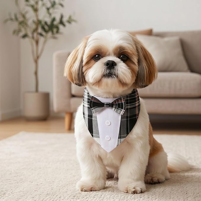 ADOGGYGO Black Dog Tuxedo Bandana, Plaid Bow Tie Collar, Adjustable Black Plaid Wedding Costume for Extra Small Dogs Cats (XS)