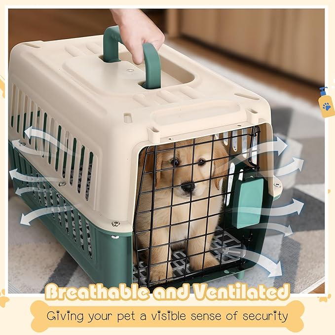 2 Set Hard Plastic Pet Carrier Breathable Dog Cat Kennel with Metal Door Bowl Grille Mat Pet up to 14 Lbs Carrier for Walking Camping Vet Visits Travel, 17.3"L x 11.8"W x 10.6"H(Blue White)