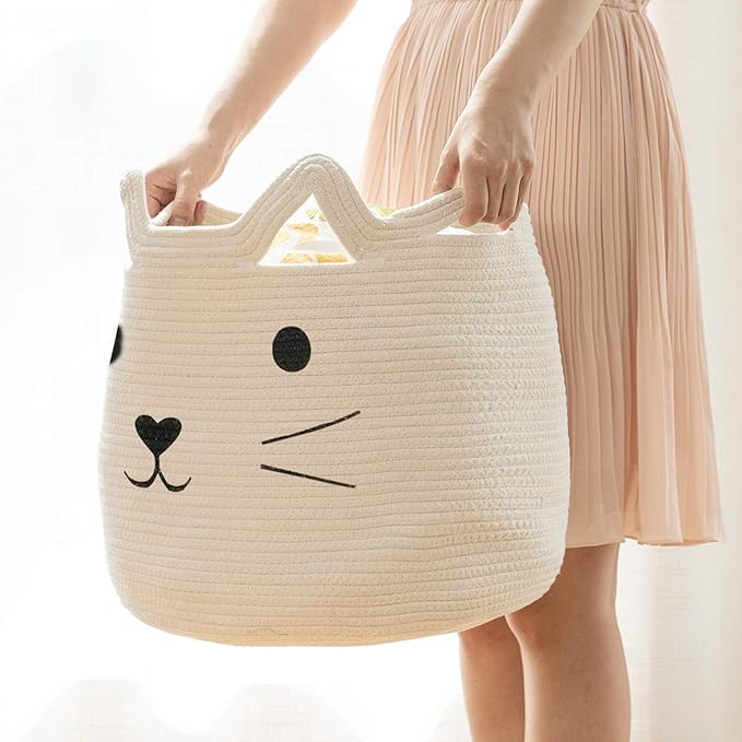 VK VK·LIVING Animal Hamper Large Woven Animal Cotton Rope Storage Basket Laundry Basket Organizer With Cat Design for Towels Blanket Toys Clothes Pet Hamper for Cat 15 L x 15 H