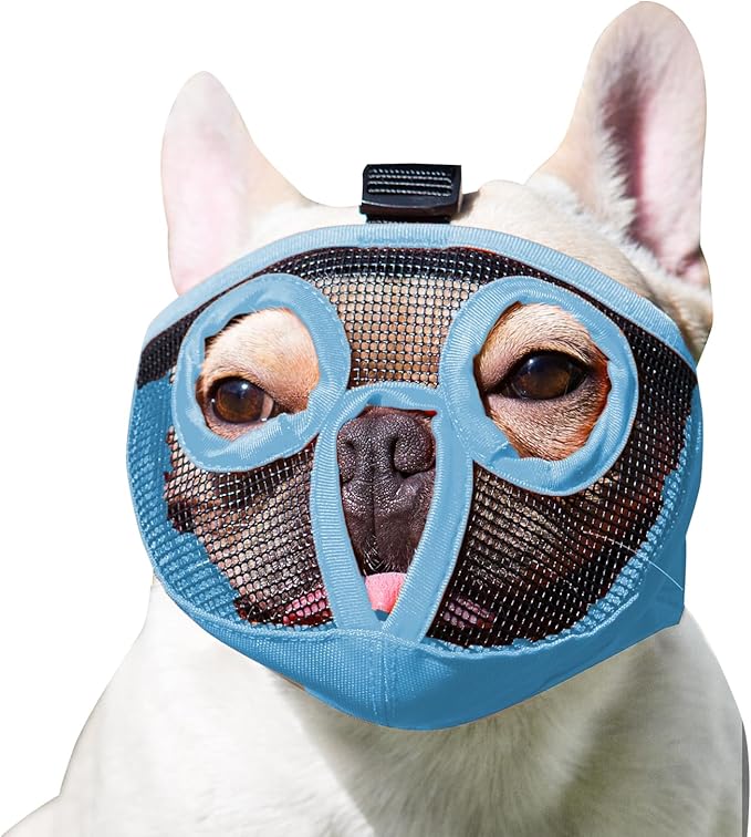 Short Snout Dog Muzzles- Adjustable Breathable Mesh Bulldog Muzzle for Biting Chewing Licking Grooming Dog Mask,Blue XL