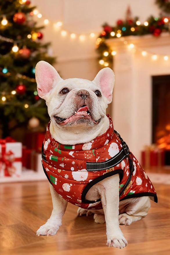 Aiboria Dog Jacket Windproof Fleece Dog Sweater with Padded Vest Chest Strap Harness Dogs Coat Christmas Red 3XL