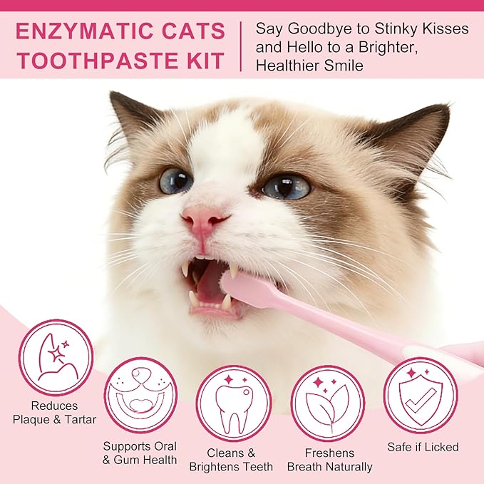 Dental Care Kit – Cat Toothbrush and Toothpaste – Enzymatic & No Added Flavor – Fights Plaque, Tartar & Bad Breath – Soft-Bristled Toothbrush & Finger Brush – For Sensitive Cats & Kittens, 1.06 oz