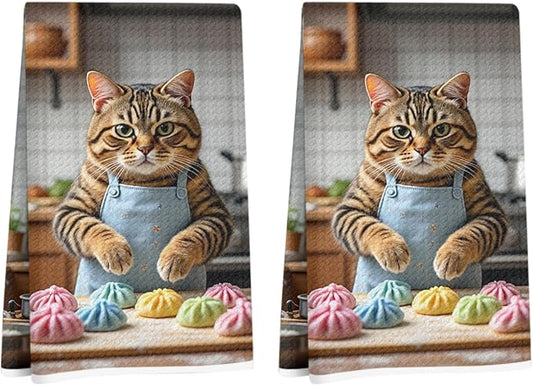 Hanamiya Na 2 Pcs Cute Cat Kitchen Towels 24x14 Inch, Cooking Cats Patterns Reusable Dish Towels for Kitchen Bathroom Decor, Waffle Weave Hand Cloth Tea Towel, Cat Lover Gifts for Women Mom Friend