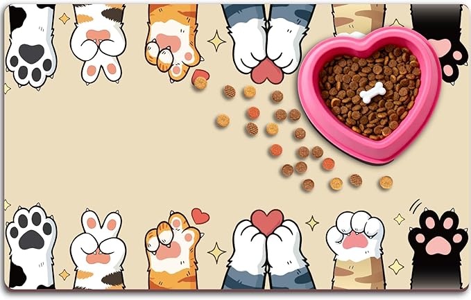 Cute Cat Food Mat 20 x 12 Inch Non Slip Design, Cat Feeding Mat Paw Print Absorbent Quick Dry Washable Rectangle Fedding Bowl Placemat Rug Protect Floors for Dogs Pets Water Area Home Use