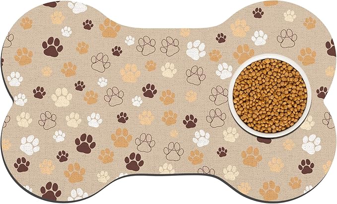 Pet Dog Cat Food Mat, Absorbent Bone Shaped Dog Bowl Mats for Food and Water, Non Slip Cute Dogs Cat Placemats Feeding Mat with Rubber for Floors Indoor Puppy Pet Accessories Supplies 16"x24" Khaki