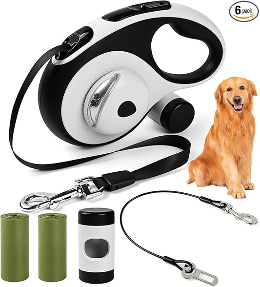 Heavy Duty Retractable Dog Leash for Large Dogs, 26ft Dog Leash with Poop Bag Holder, Up to 110lbs, chew Proof Cable, LED Light, 360° No-Tangle, One-Handed Pause & Locked (White, L 26ft)