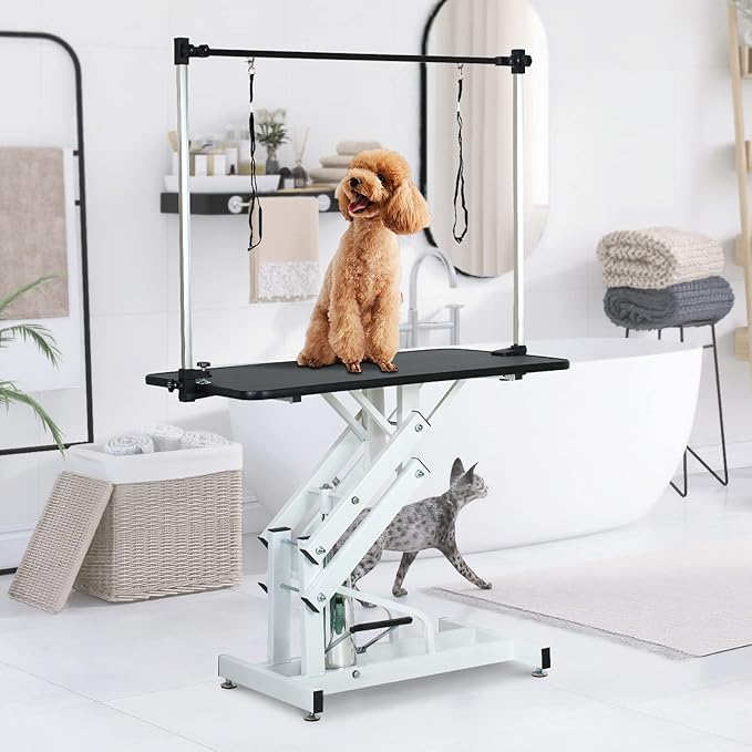 42.5” Pet Dog Hydraulic Grooming Table Adjustable Height Trimming Drying Table with Arms, Noose for Small/Medium/Large Dogs, Cats, Maximum Capacity Up to 360lbs