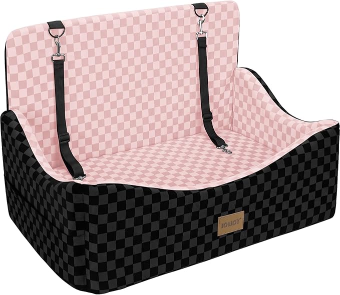 JOEJOY Dog Car Seat for Medium/Large Dogs - Reversible Dual-Sided Travel Dog Car Bed with Memory Foam, Washable Pet Booster Seat for Do gs up to 55 lbs or 2 Small Dogs, 2 Safety Leashes, Pink