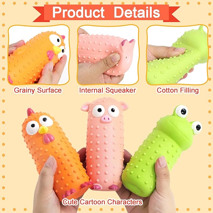 3 Pack Squeaky Dog Toys, Standing Stick Latex Chicken Squeaky Dog Toys Pig and Frog, Interactive Animals Play for Small Medium Large Dogs
