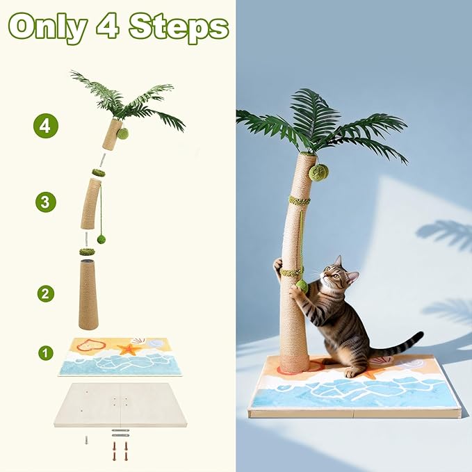 Tall Cat Scratching Post for Indoor Cats Adults, 33'' Large Cat Scratch Post with Perch, Cute Cat Scratching Post with Boho Carpet ＆ Dangling Ball Toys, White